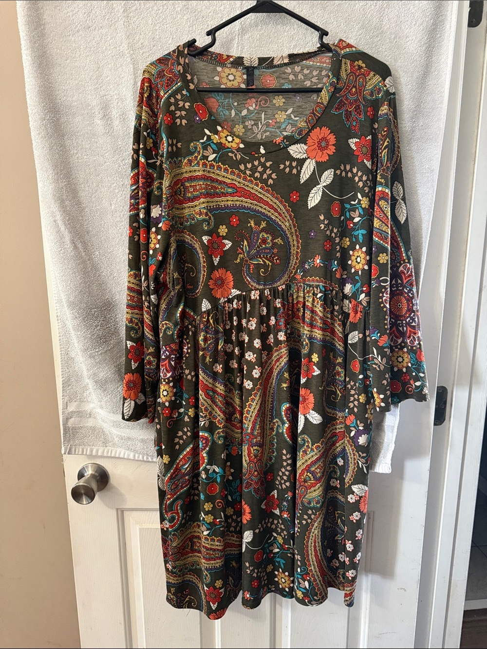 Olive Paisley Floral Long-Sleeve Swing Dress